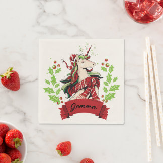Cute Christmas Unicorn Custom Name Napkin