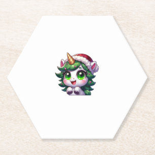 Cute Christmas Unicorn in Tree Costume Cartoon Tan Paper Coaster