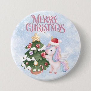 Cute Christmas Unicorn On Sparkle Blue Sky 7.5 Cm Round Badge