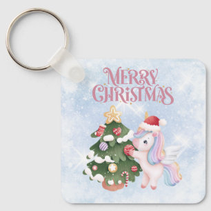Cute Christmas Unicorn On Sparkle Blue Sky Key Ring
