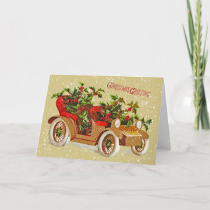 Cute Christmas Vintage Car Holly Snow Gold Card
