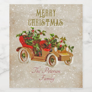 Cute Christmas Vintage Car with Holly Beige Kraft Wine Label