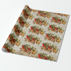 Cute Christmas Vintage Car with Holly Beige Kraft Wrapping Paper