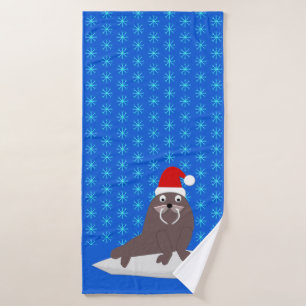 Cute Christmas Walrus and Snowflakes Bath Towel