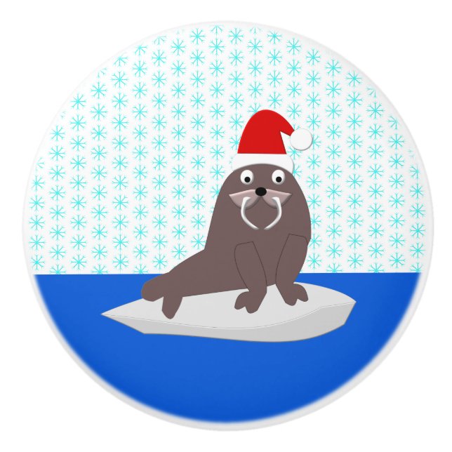 Cute Christmas Walrus and Snowflakes Ceramic Knob (Front)