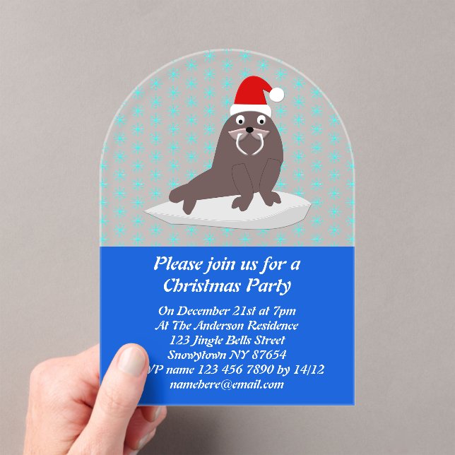 Cute Christmas Walrus and Snowflakes Custom Acrylic Invitations (Insitu (Handheld))