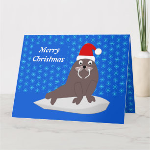 Cute Christmas Walrus and Snowflakes Custom Card