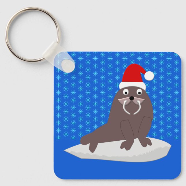 Cute Christmas Walrus and Snowflakes Custom Key Ring (Front)