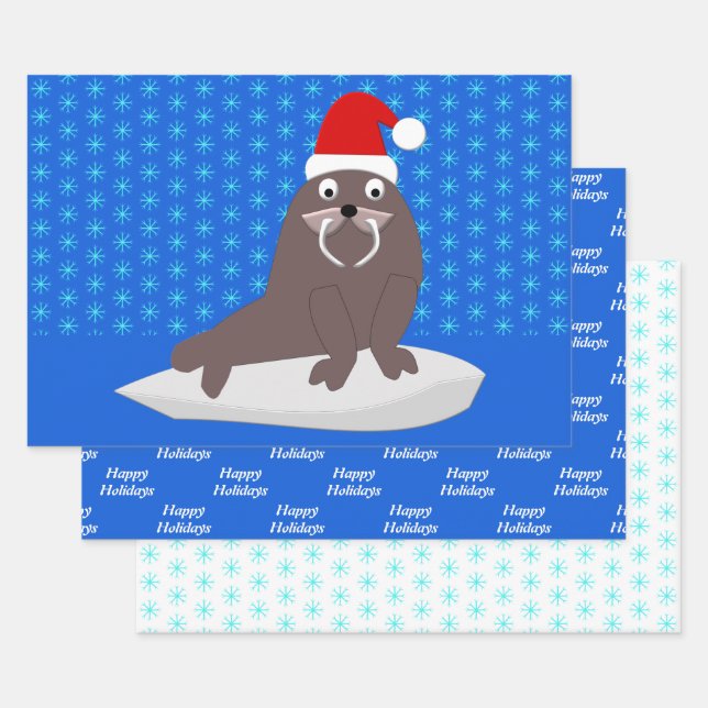 Cute Christmas Walrus and Snowflakes Custom Wrapping Paper Sheet (Set)