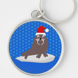Cute Christmas Walrus and Snowflakes Key Ring