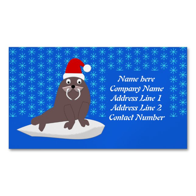 Cute Christmas Walrus and Snowflakes Magnetic Business Card (Front)