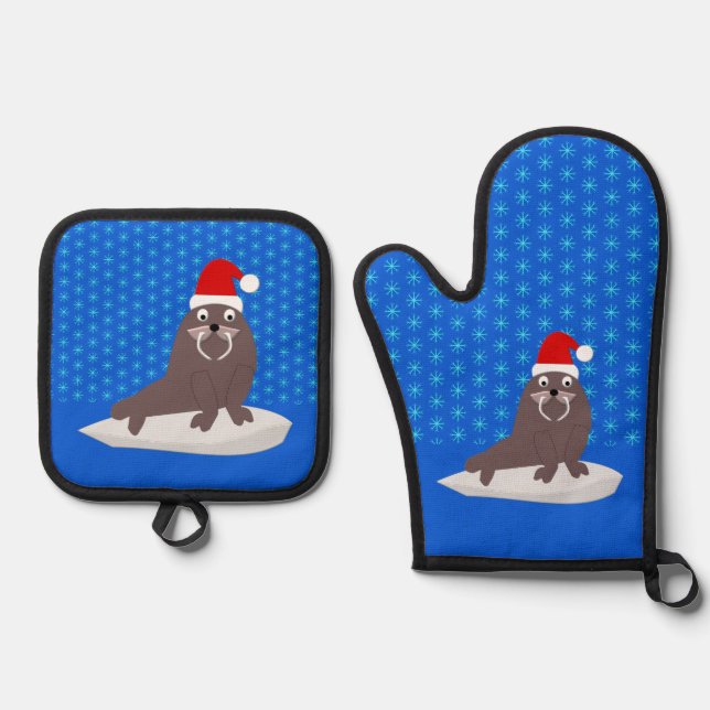 Cute Christmas Walrus and Snowflakes Oven Mitt & Pot Holder Set (Front)