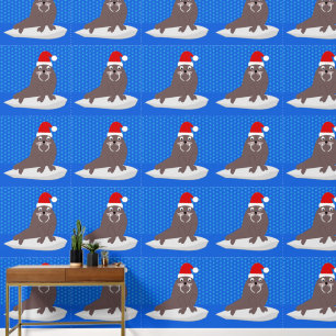 Cute Christmas Walrus and Snowflakes Patterned Wallpaper