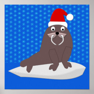 Cute Christmas Walrus and Snowflakes Poster
