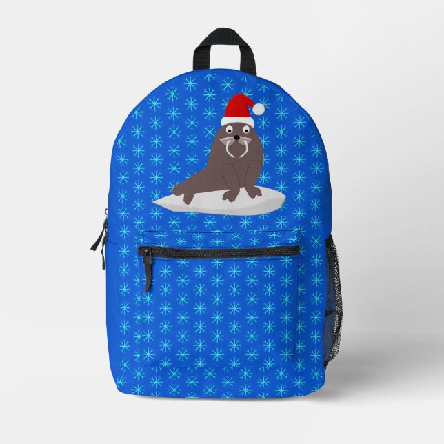 Cute Christmas Walrus and Snowflakes Printed Backpack (Front)