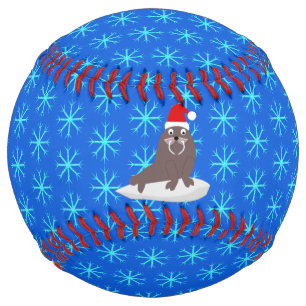Cute Christmas Walrus and Snowflakes Softball