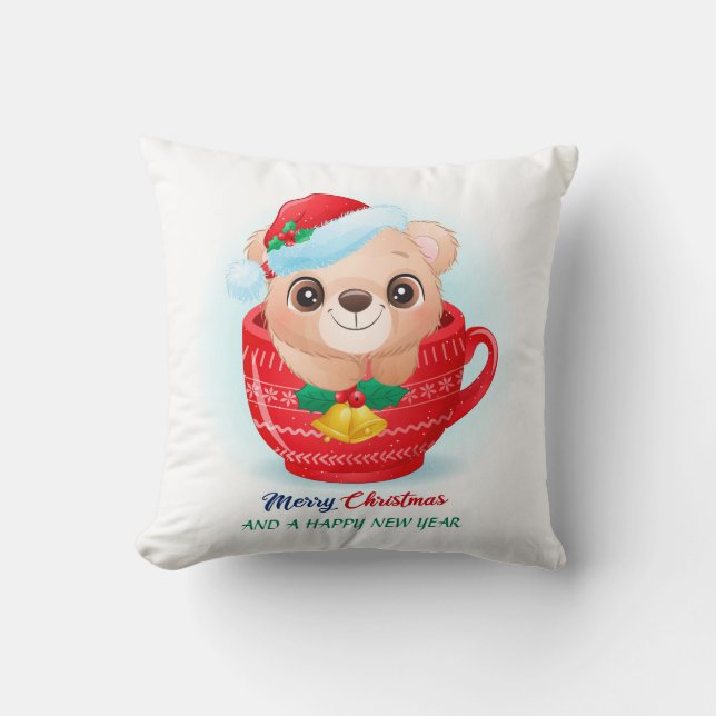 Cute Christmas Watercolor Baby Bear Nursery Cushion (Front)