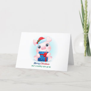Cute Christmas Watercolor Baby Pig with Santa Hat Holiday Card