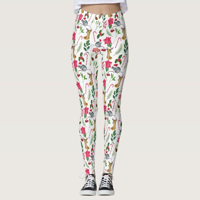 Cute Christmas Watercolor Candy Cane Pattern  Leggings (Front)