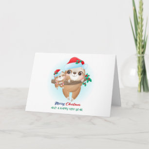 Cute Christmas Watercolor Mom & Baby Sloth Holiday Card