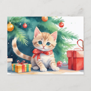 Cute Christmas Watercolor Orange Tabby Kitten Holiday Postcard