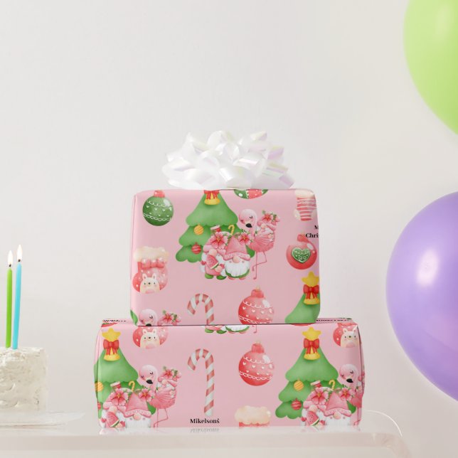 Cute Christmas Watercolor Pink and Green Tropical  Wrapping Paper (Party Gifts)