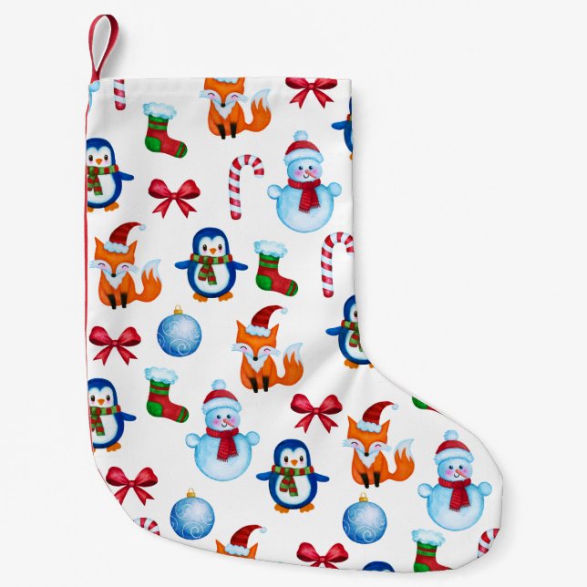 Cute Christmas Watercolor Snowman Penguin Fox Small Christmas Stocking (Front)