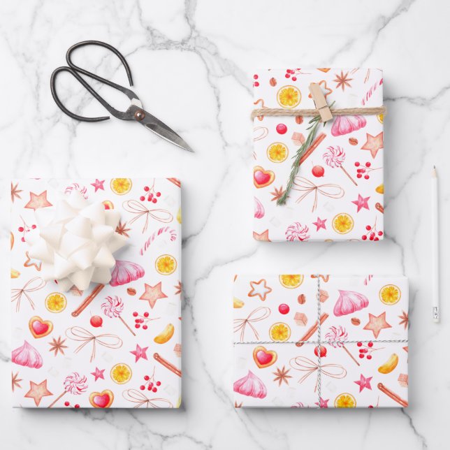 Cute Christmas White and Pink Sweets Pattern Wrapping Paper Sheet (Front)
