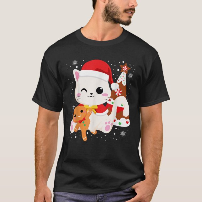 Cute Christmas White Cat Gingerbread Xmas Kittens  T-Shirt (Front)