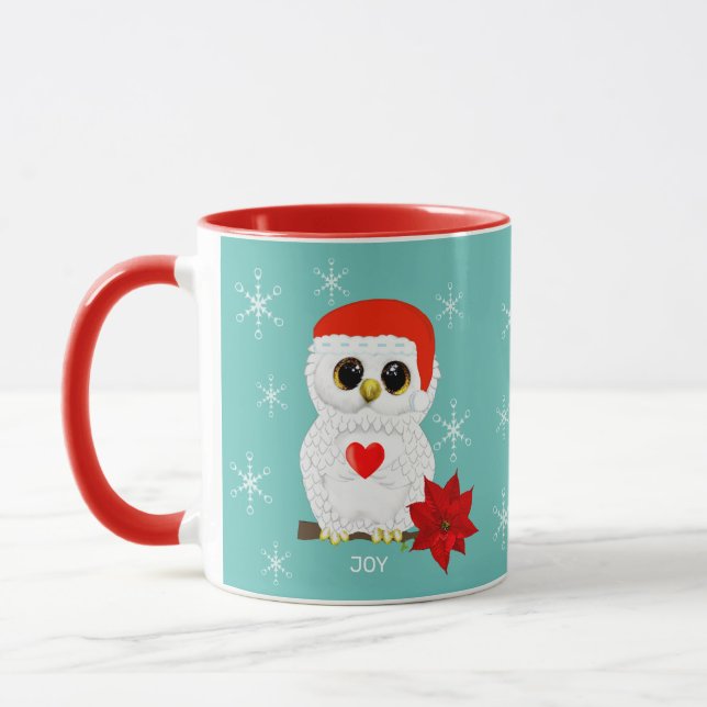 Cute Christmas White Owl & Snowflakes Mug (Left)