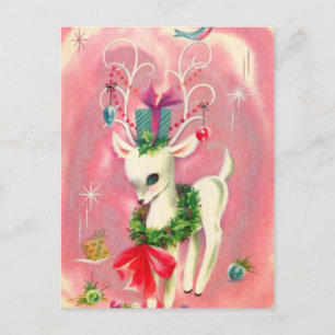 Cute Christmas White Reindeer And Decorations Pink Holiday Postcard