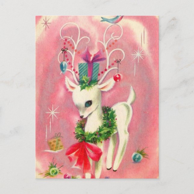 Cute Christmas White Reindeer And Decorations Pink Holiday Postcard (Front)