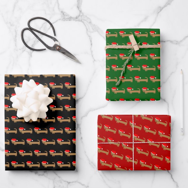 Cute Christmas Wiener Dog Cartoon Red Green Black Wrapping Paper Sheet (Front)