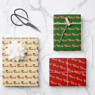 Cute Christmas Wiener Dog Cartoon Red Green Wrapping Paper Sheet