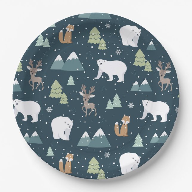 Cute Christmas Winter Animals Pattern Paper Plate (Front)