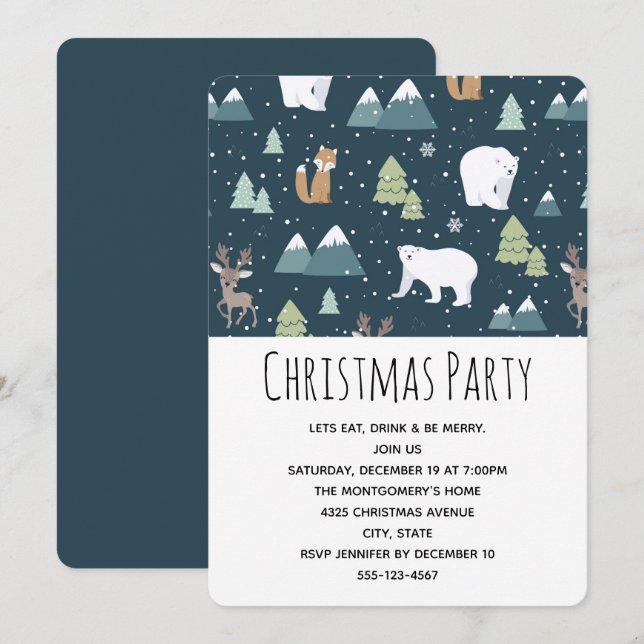 Cute Christmas Winter Animals Pattern Party Invitation (Front/Back)