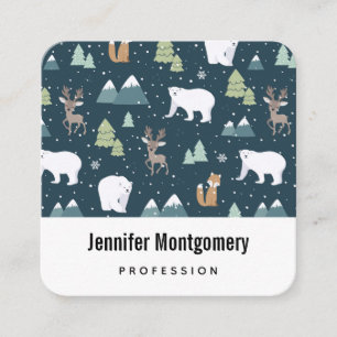 Cute Christmas Winter Animals Pattern Square Business Card