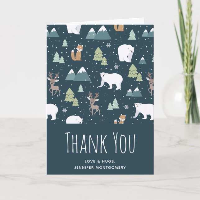 Cute Christmas Winter Animals Pattern Thank You Card (Front)