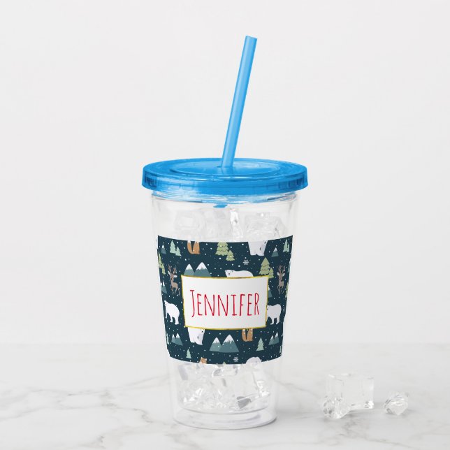 Cute Christmas Winter Animals Rustic Pattern Acrylic Tumbler (Back Ice)