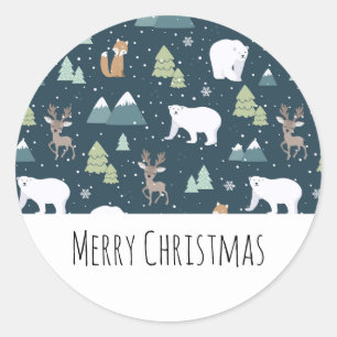 Cute Christmas Winter Animals Rustic Pattern Classic Round Sticker