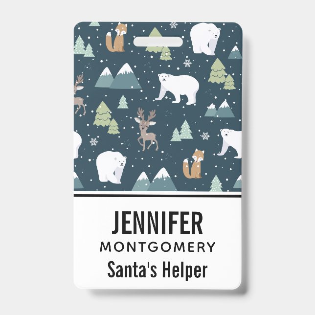 Cute Christmas Winter Animals Rustic Pattern ID Badge (Front)