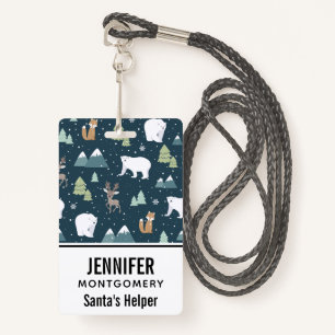 Cute Christmas Winter Animals Rustic Pattern ID Badge