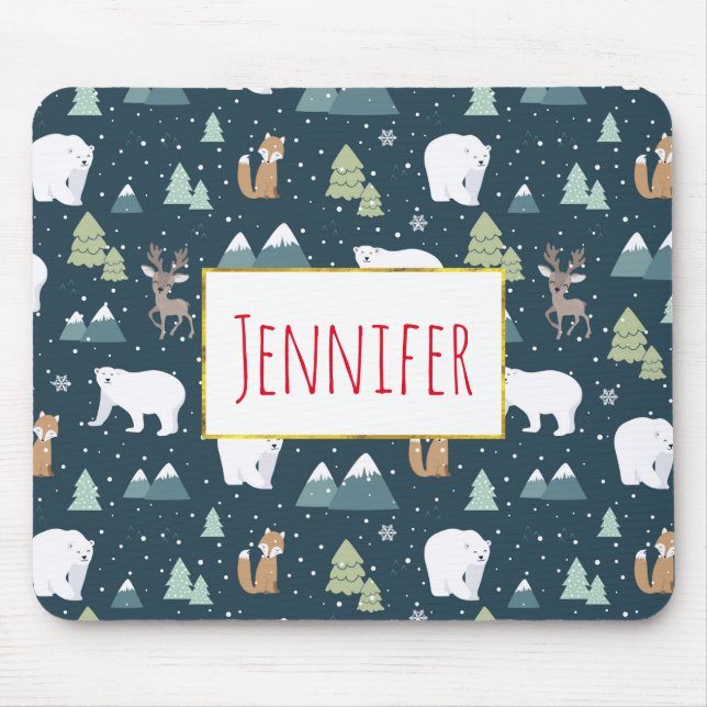 Cute Christmas Winter Animals Rustic Pattern Mouse Mat (Front)