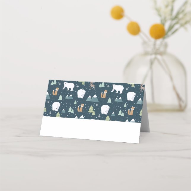 Cute Christmas Winter Animals Rustic Pattern Place Card (Front)