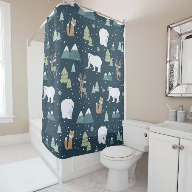 Cute Christmas Winter Animals Rustic Pattern Shower Curtain (In Situ)