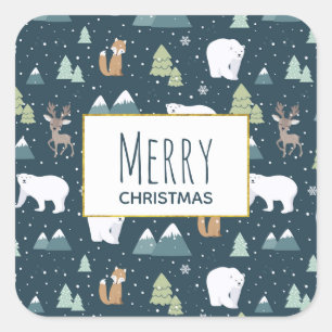 Cute Christmas Winter Animals Rustic Pattern Square Sticker