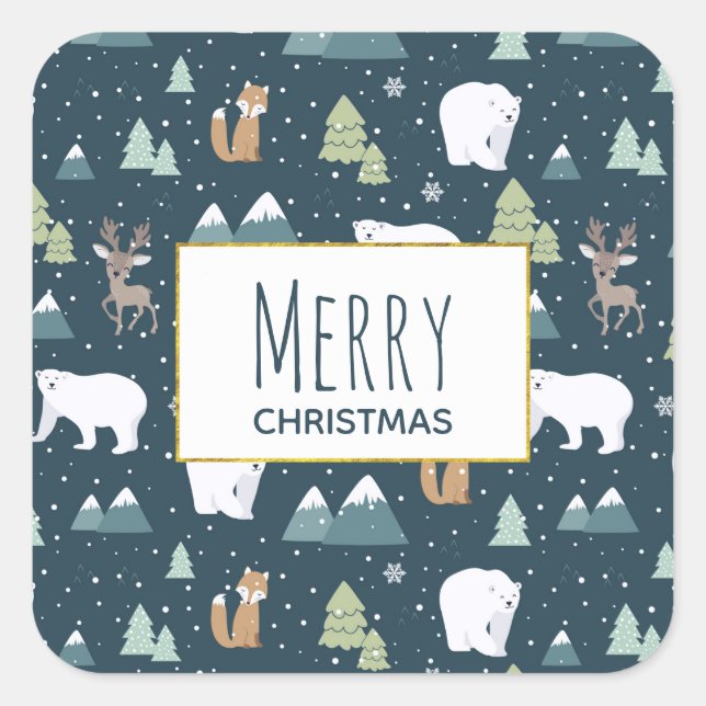 Cute Christmas Winter Animals Rustic Pattern Square Sticker (Front)