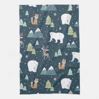 Cute Christmas Winter Animals Rustic Pattern Tea Towel