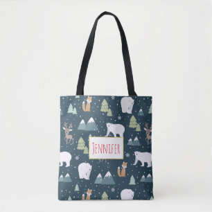 Cute Christmas Winter Animals Rustic Pattern Tote Bag