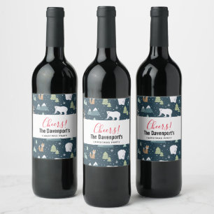 Cute Christmas Winter Animals Rustic Pattern Wine Label